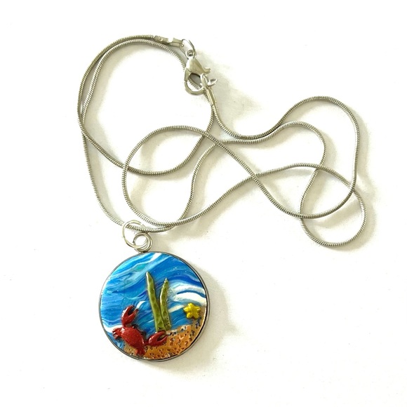 Unique design-Silver bezel Ocean/crab Polymer clay Necklace- 20” long chain - Picture 2 of 4